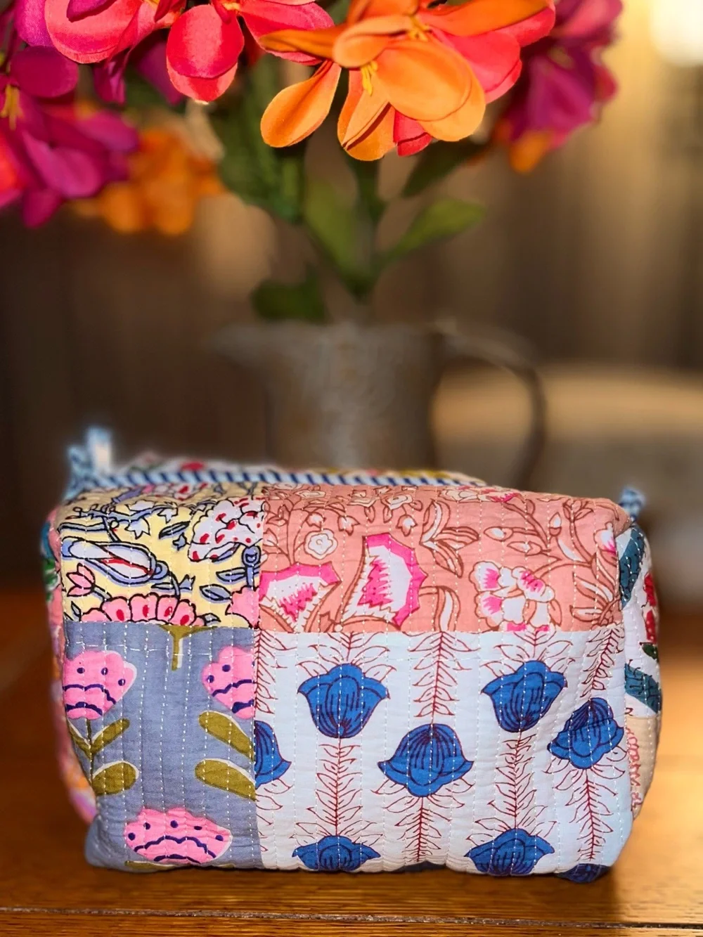 Strawflower Patchwork Heritage Medium Quilted Block Print Cosmetic Pouch